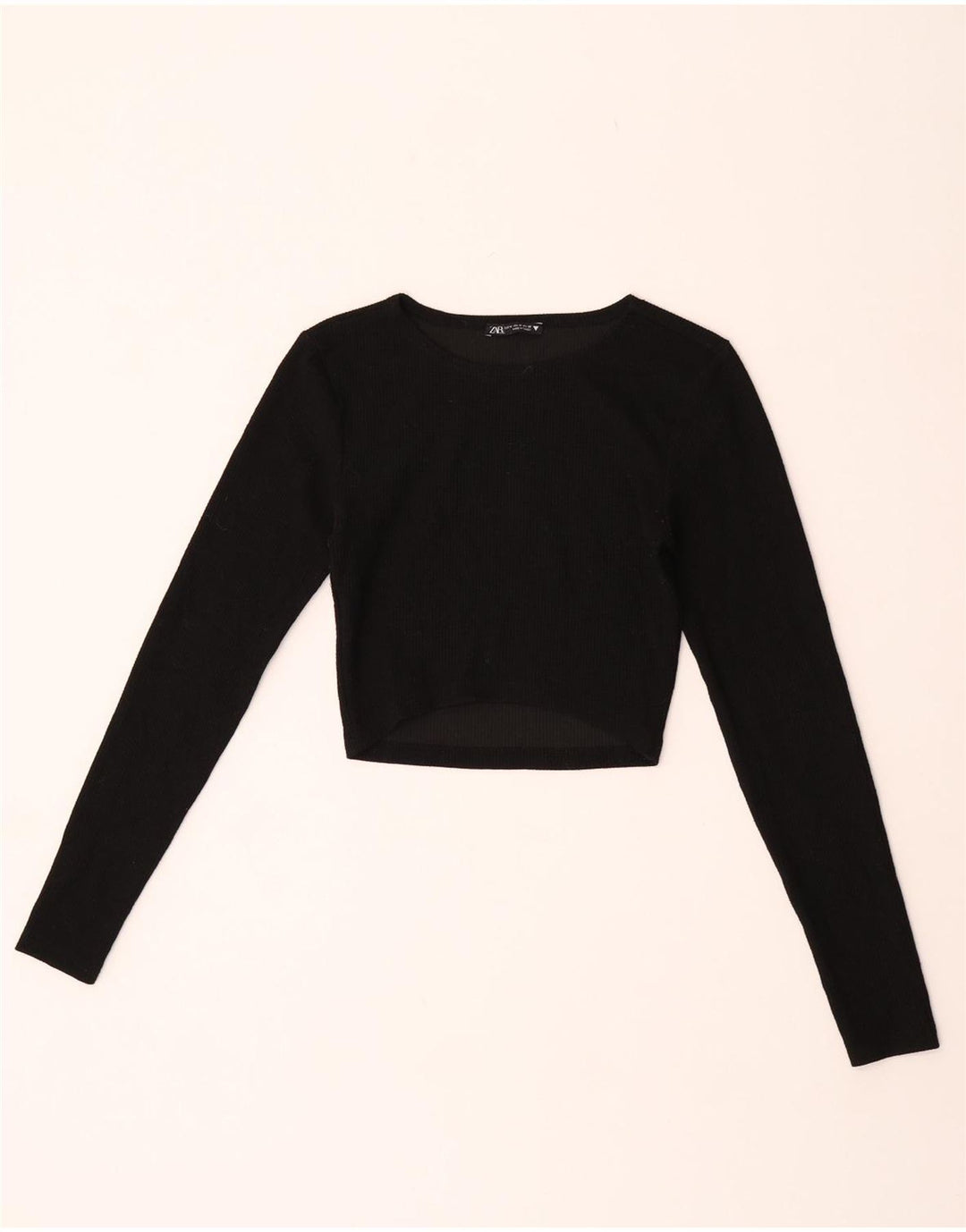 Zara Femme Crop Top Manches Longues UK 12 Moyen Noir Polyester