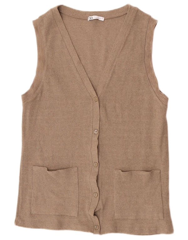 Zara Womens Cardigan sans manches Pull UK 10 Petit Acrylique Beige