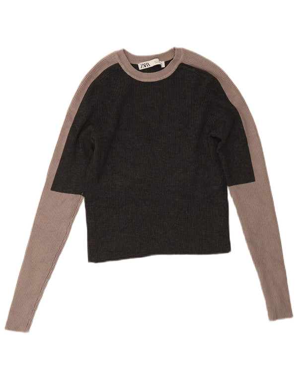 Zara Womens Crop Top Manches Longues UK 12 Gris Moyen Colorblock Viscose