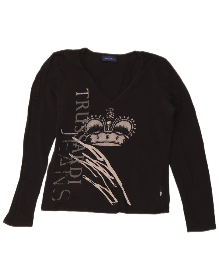 TRUSSARDI JEANS Haut court graphique à manches longues pour femme UK 14 Large Noir