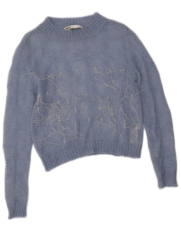 Zara Womens See Through Crop Crew Neck Jumper Pull UK 10 Petit Bleu