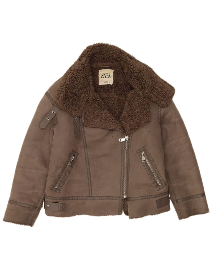Zara Veste de motard surdimensionnée Sherpa pour femme UK 10 Small Marron