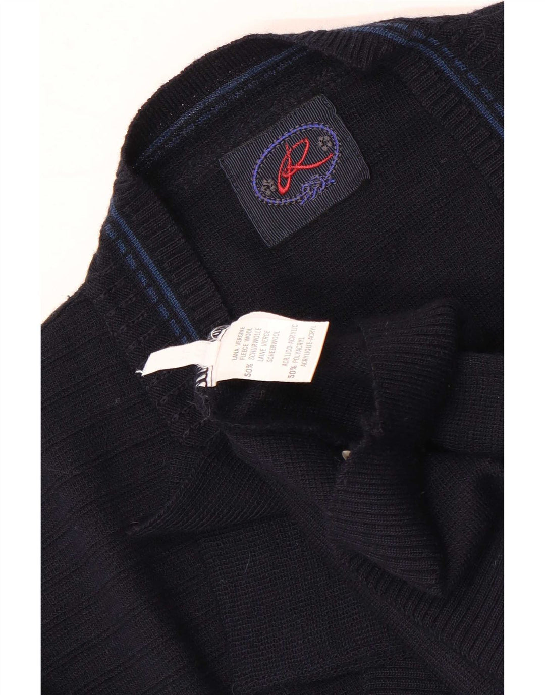 vintage Mens Graphic Cardigan Pull XL Bleu Marine Laine