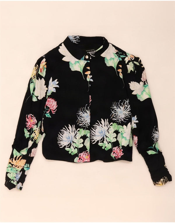 Zara Chemisier court à manches longues pour femme UK 10 Petite viscose florale noire