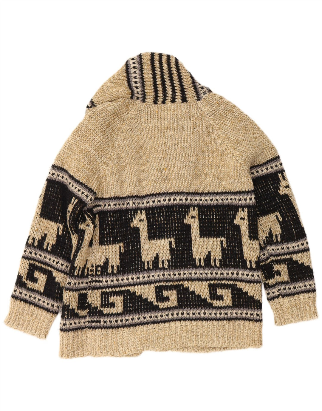 Vintage Mens Graphic Open Cardigan Pull Beige Moyen Colorblock