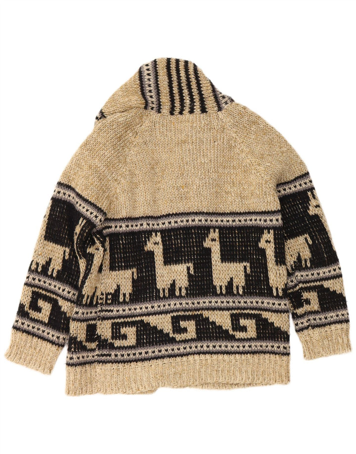 Vintage Mens Graphic Open Cardigan Pull Beige Moyen Colorblock
