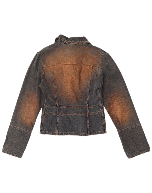 Veste en denim femme vintage UK 10 Petit coton colorblock bleu