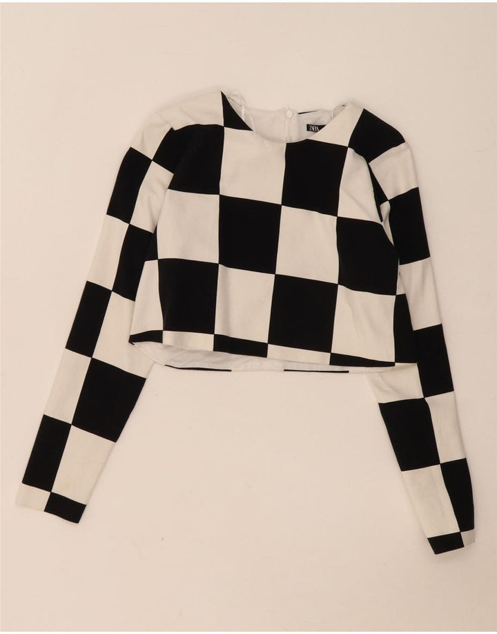Zara Womens Crop Top Manches Longues UK 12 Coton Géométrique Noir Moyen