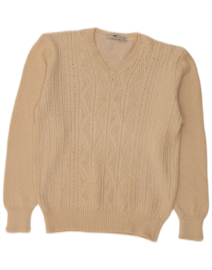 Inis Meain Pull col en V pour femme UK 14 Beige moyen Argyle/Diamant