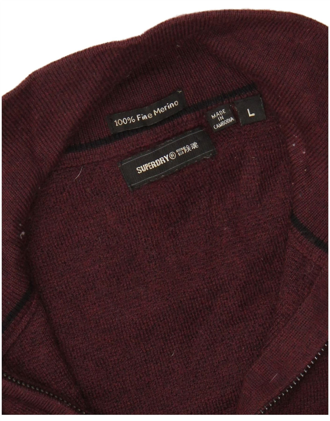 SUPERDRY Pull col zippé pour femme UK 16 Large Laine mérinos bordeaux