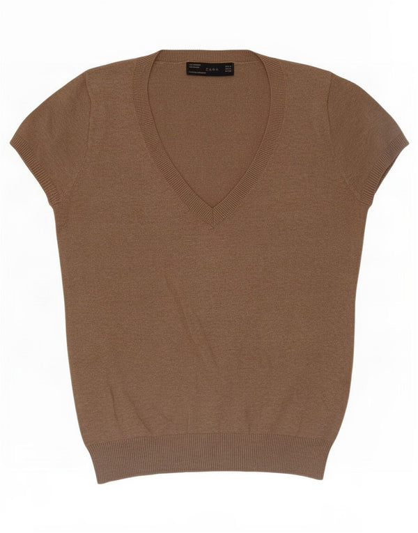 Zara Pull à manches courtes et col en V pour femme UK 12 en coton marron moyen