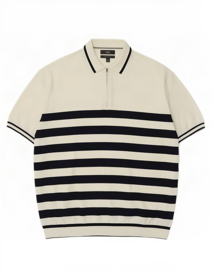 Marks & Spencer Pull col polo pour homme 2XL Blanc rayé