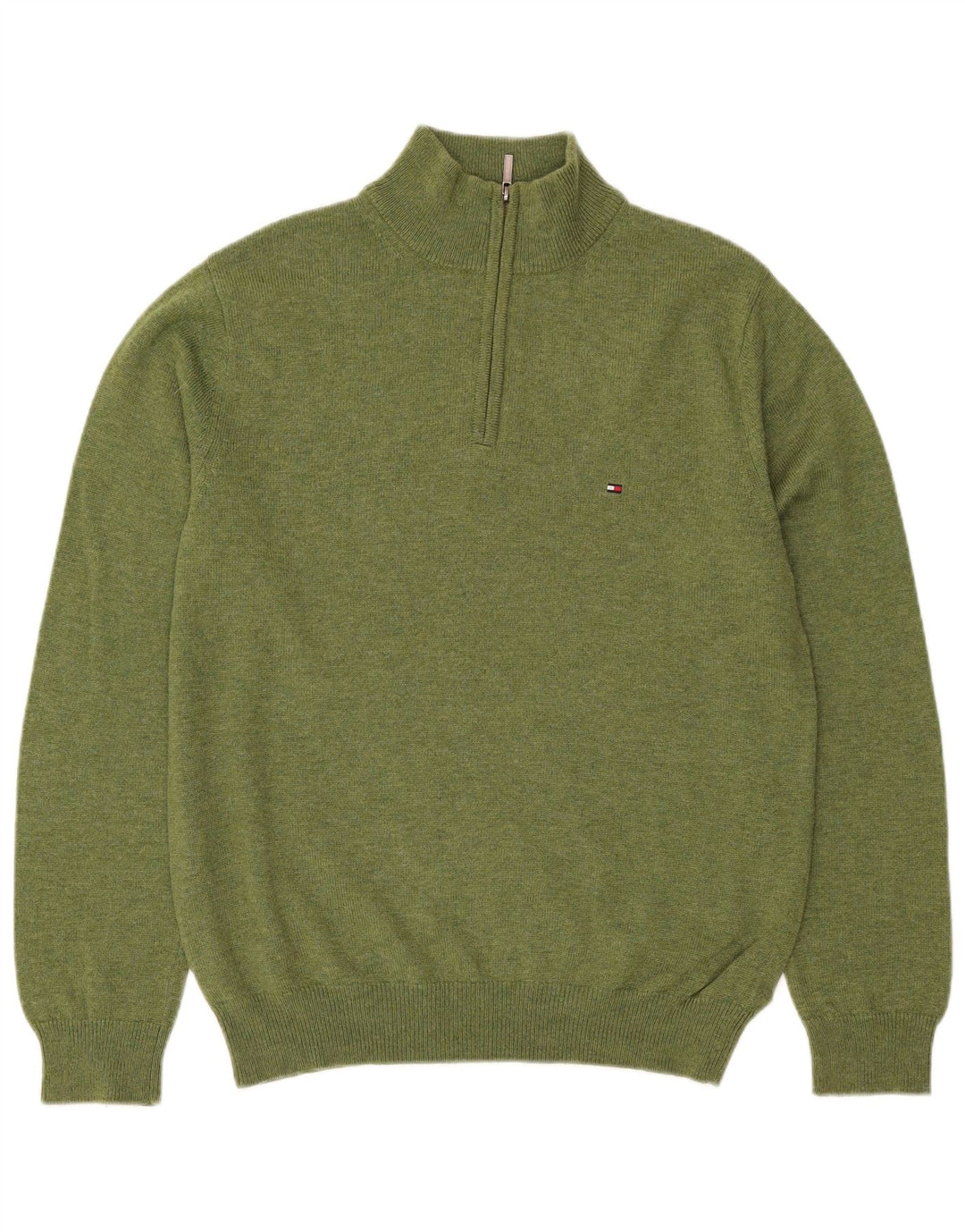 Tommy Hilfiger Pull Col Zippé Homme Vert Moyen Laine d'Agneau