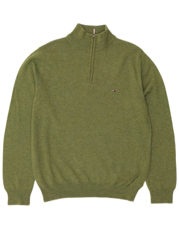 Tommy Hilfiger Pull Col Zippé Homme Vert Moyen Laine d'Agneau