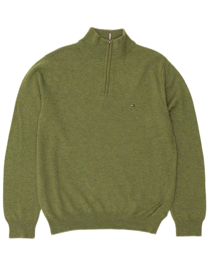 Tommy Hilfiger Pull Col Zippé Homme Vert Moyen Laine d'Agneau