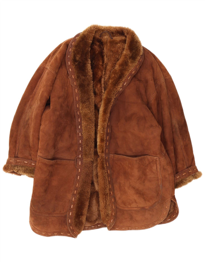 vintage Femme Veste Shearling Ouverte UK 18 XL Marron