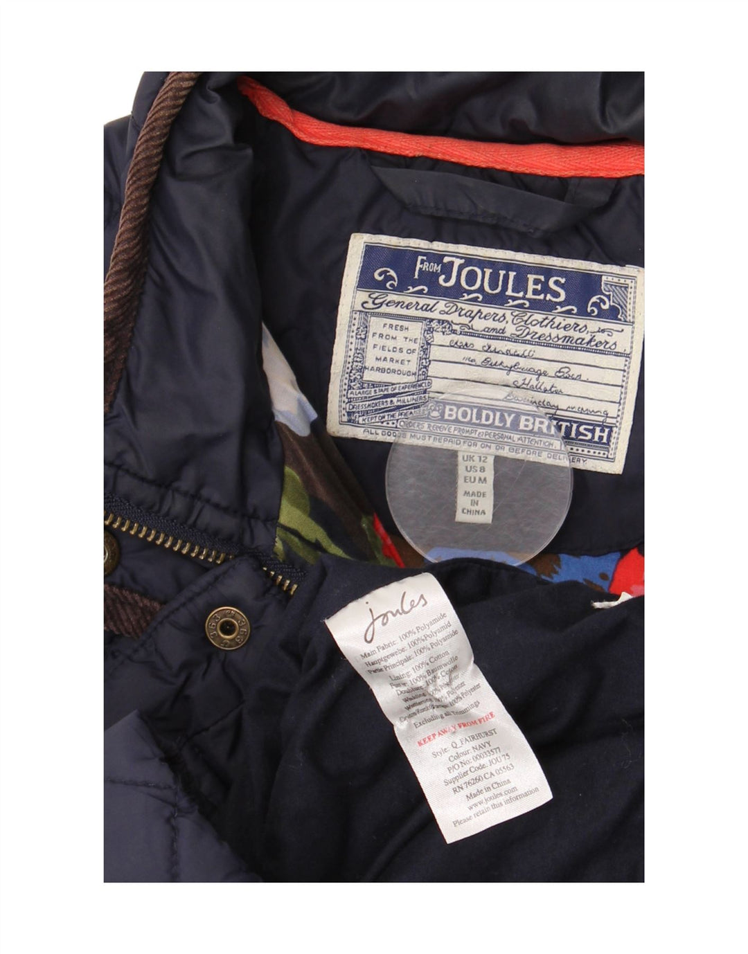 Joules Pardessus matelassé pour femme UK 12 en coton bleu marine moyen
