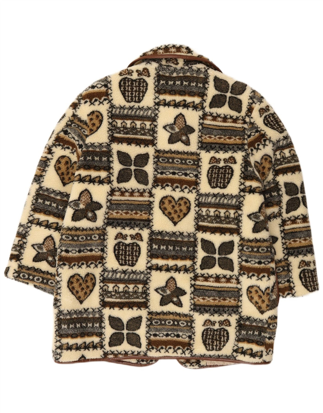 vintage Femme Graphique Fleece Duffle Coat UK 14 Grand Beige Patchwork