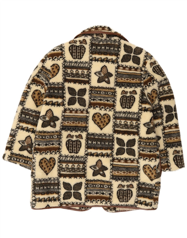 vintage Femme Graphique Fleece Duffle Coat UK 14 Grand Beige Patchwork