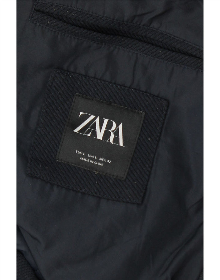 Zara Manteau rembourré à capuche pour homme UK 40 Large Bleu marine Polyester Hiver