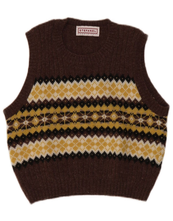 Stefanel Womens Crop Vest Débardeur UK 10 Petit Marron Fair Isle Laine