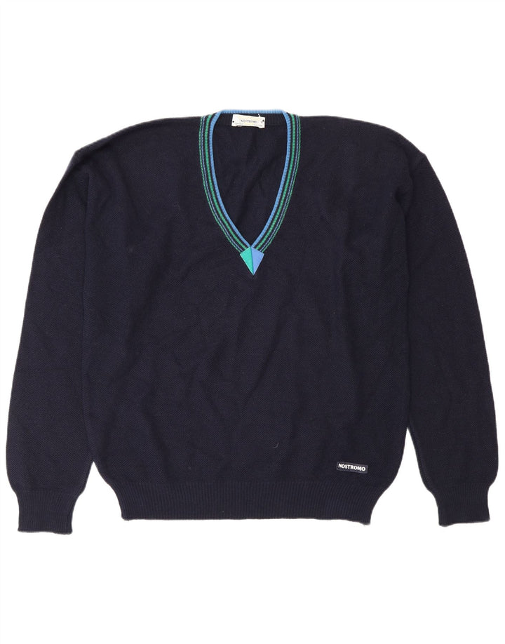 vintage Homme Col V Pull Pull IT 50 Laine Bleu Marine Moyenne
