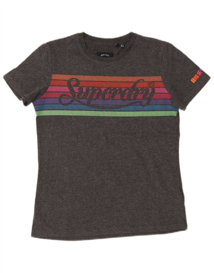 SUPERDRY Femme Heritage Graphic T-Shirt Top UK 8 Small Gris Coton