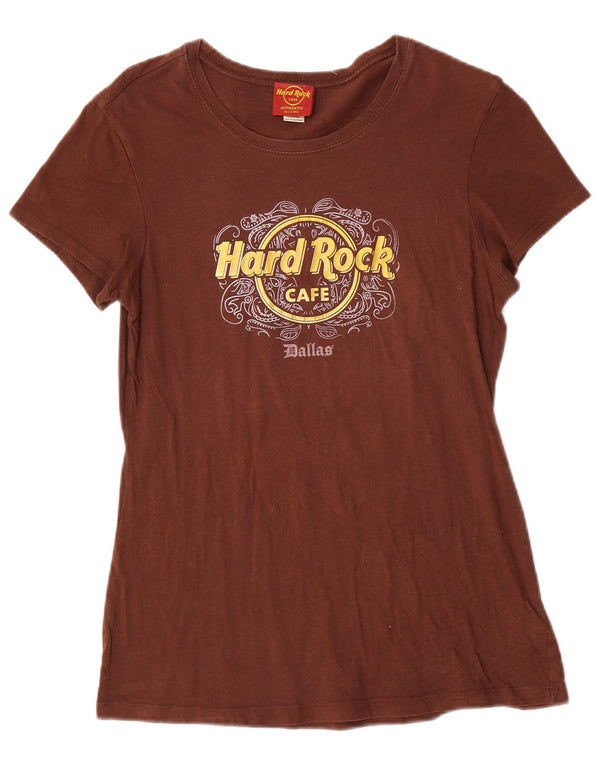 Hard Rock Cafe Femmes Dallas Graphic T-Shirt Top UK 14 Large Marron Coton