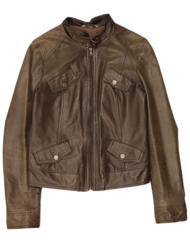 Veste en cuir femme vintage IT 42 Cuir kaki moyen