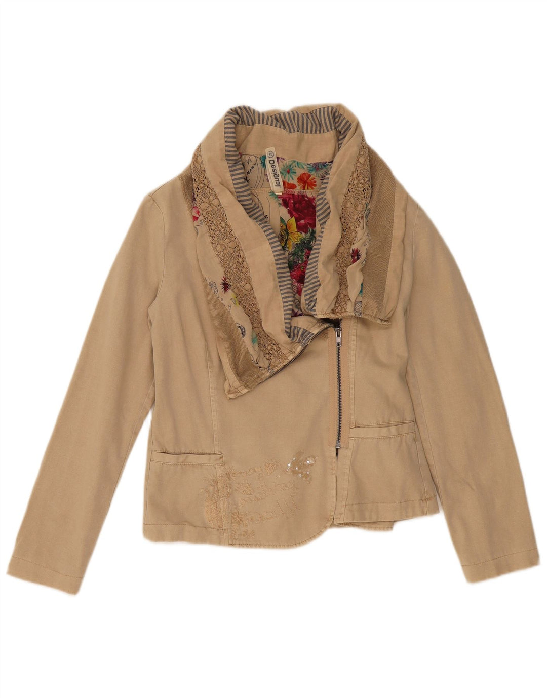 Desigual Femmes Crop Bomber Jacket EU 36 Petit Beige Colorblock Coton