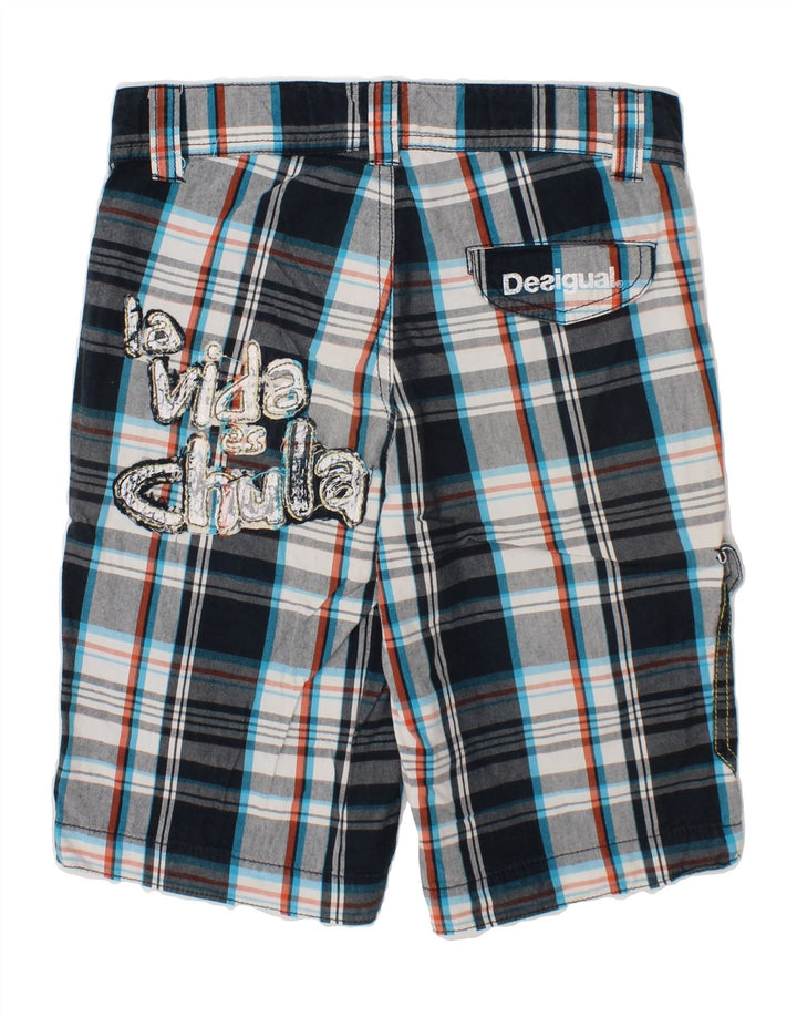 DESIGUAL Boys Graphic Cargo Shorts 7-8 Years W24 Navy Blue Check Polyester Vintage Desigual and Second-Hand Desigual from Messina Hembry 