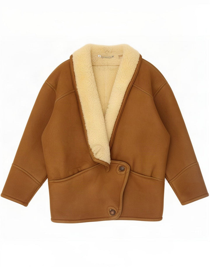 Vintage Womens Oversize Shearling Jacket UK 14 Medium Brown Colourblock