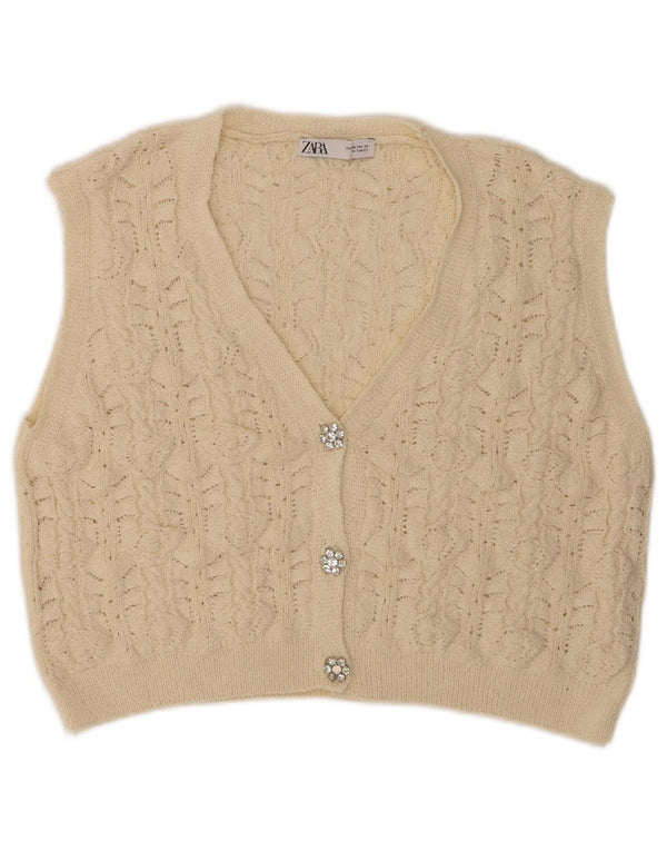 ZARA Femme Crop Cardigan sans manches Pull UK 14 Polyester Beige Moyen