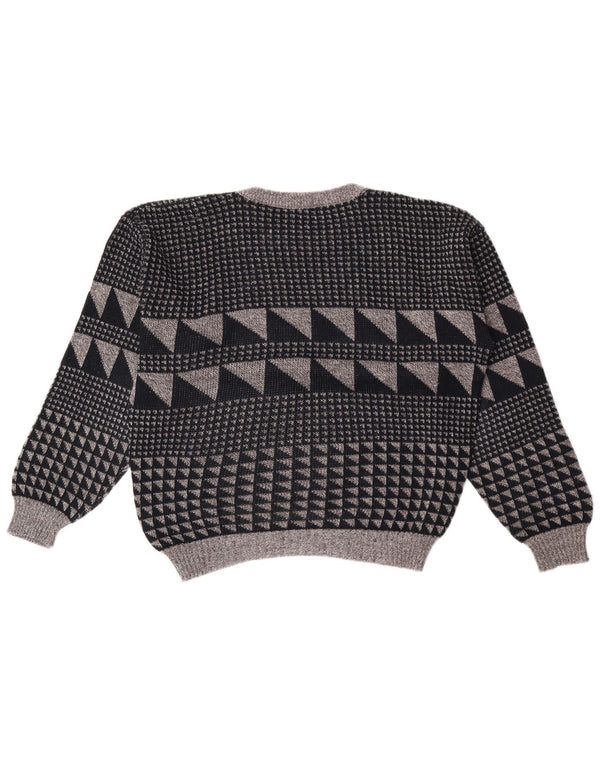 vintage Mens Crew Neck Jumper Pull Grand Gris Géométrique