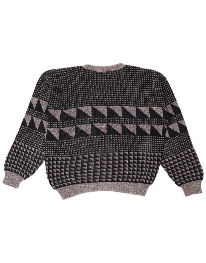 vintage Mens Crew Neck Jumper Pull Grand Gris Géométrique