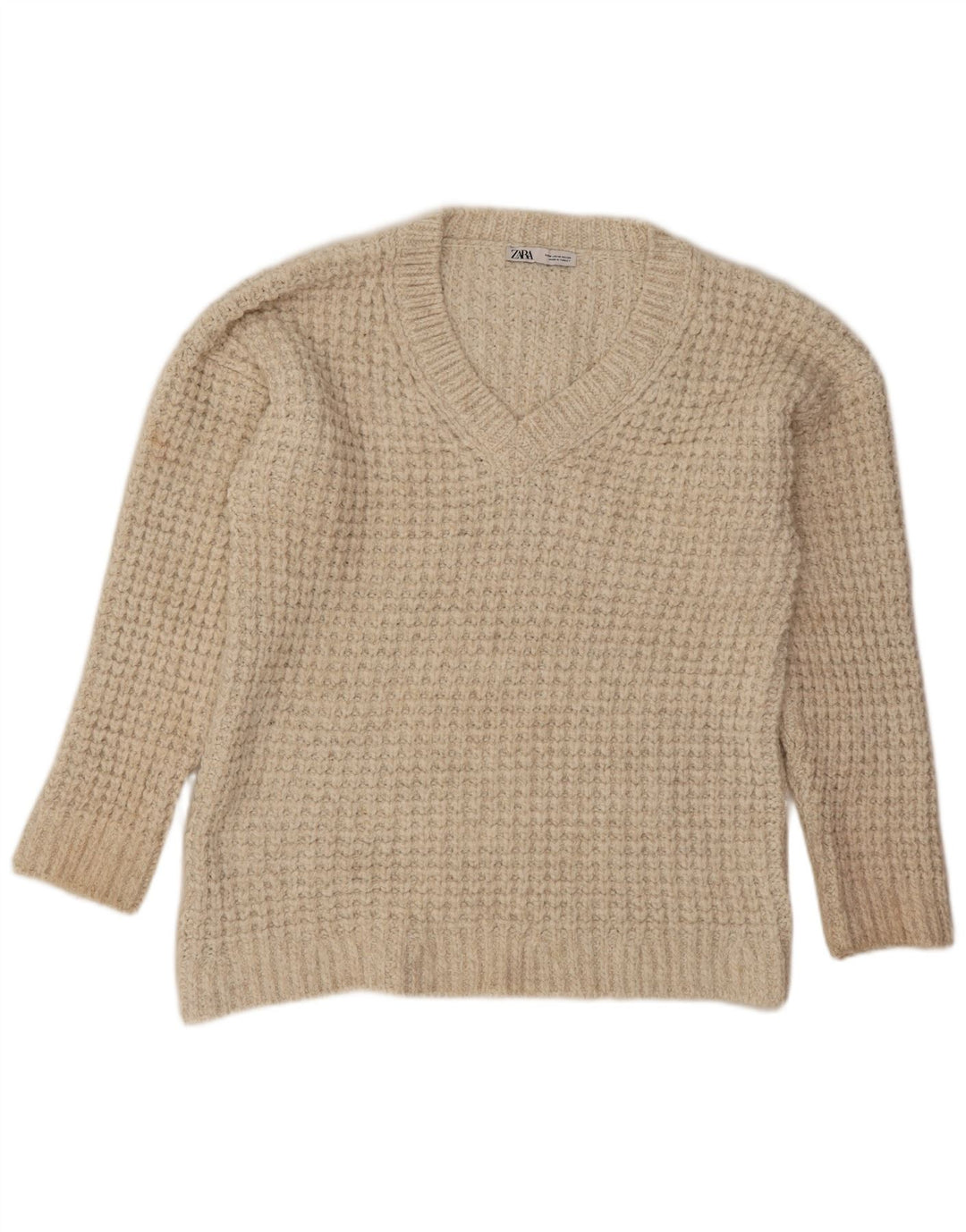 Zara Pull surdimensionné à col en V pour femme UK 14 Acrylique beige moyen