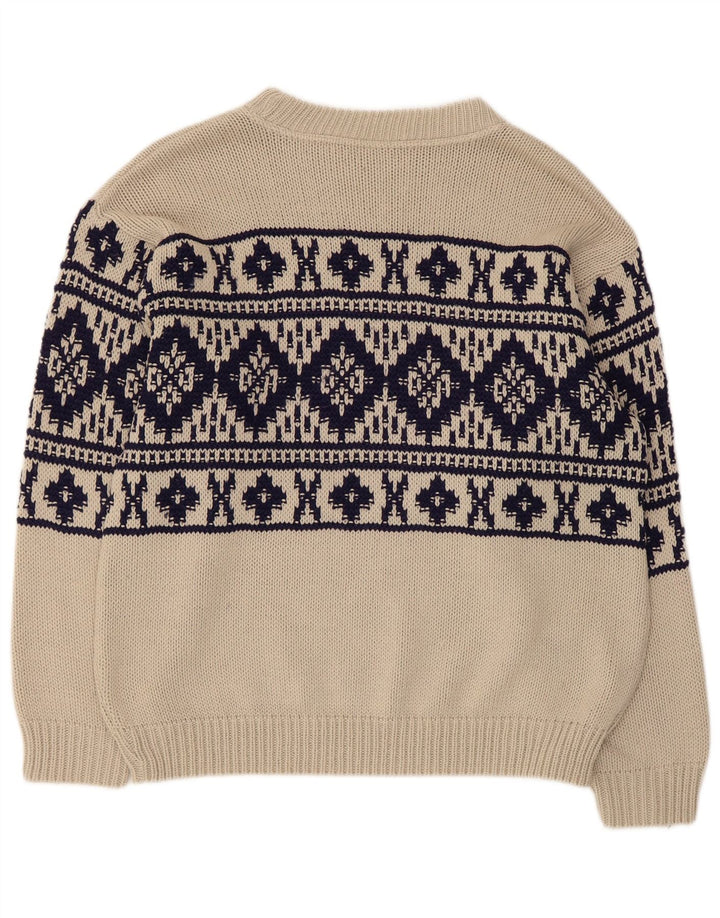 vintage Mens Boat Neck Jumper Pull Moyen Beige Fair Isle