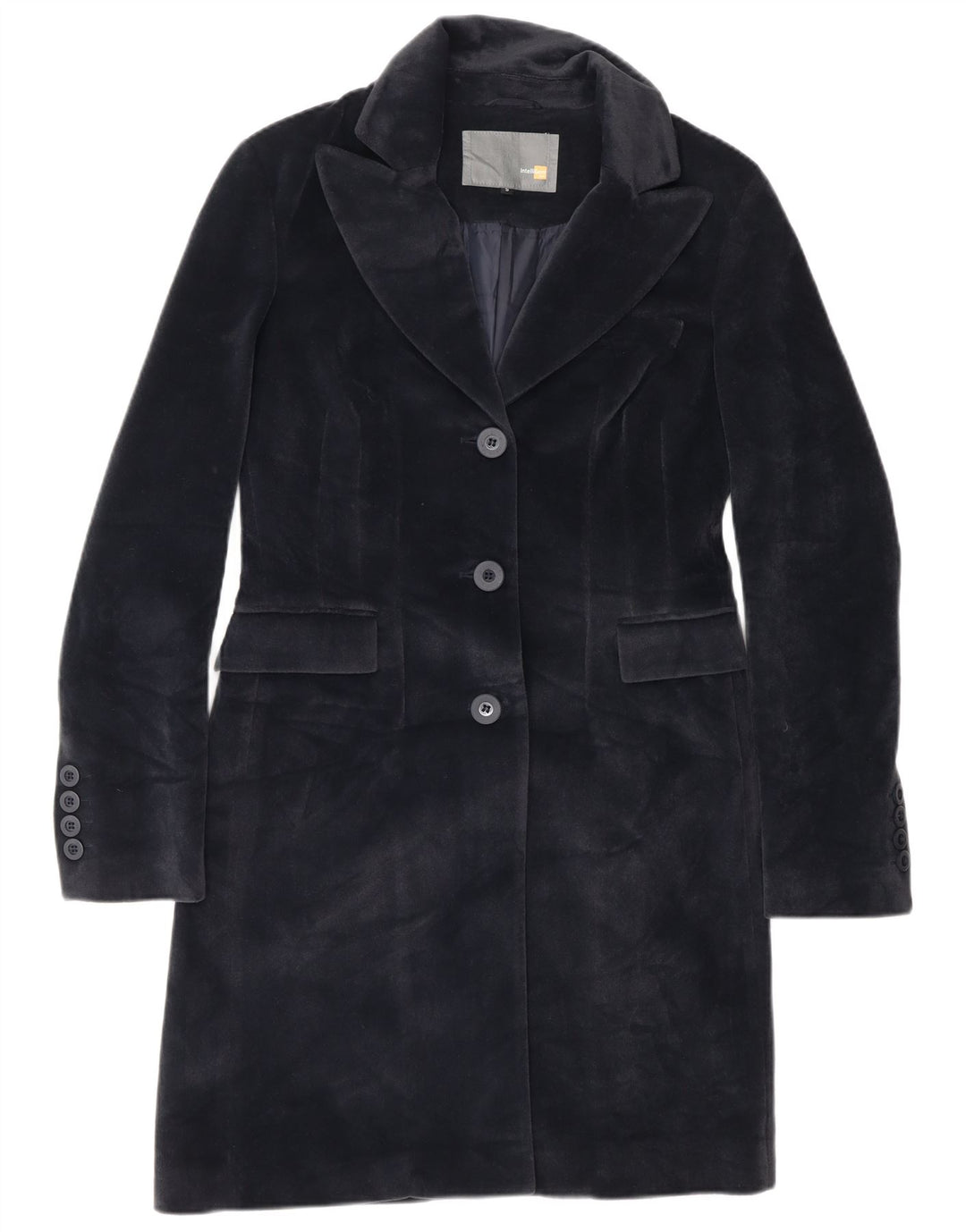 vintage Femme Pardessus UK 10 Petit Polyester Bleu Marine