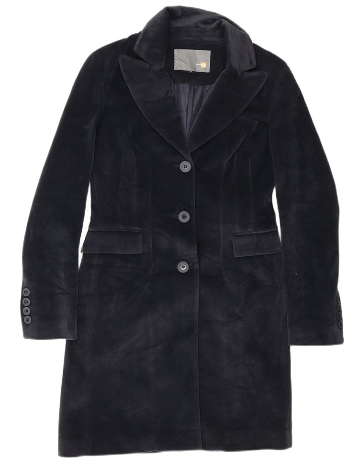 vintage Femme Pardessus UK 10 Petit Polyester Bleu Marine