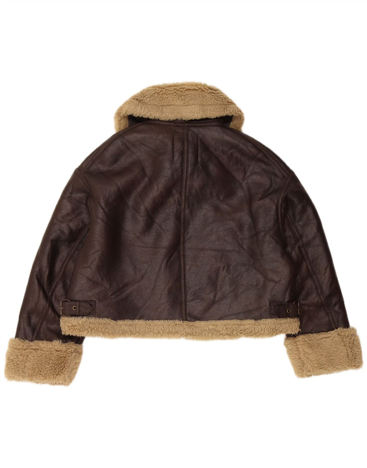 Zara Veste Sherpa surdimensionnée en similicuir pour femme UK 14 Marron moyen