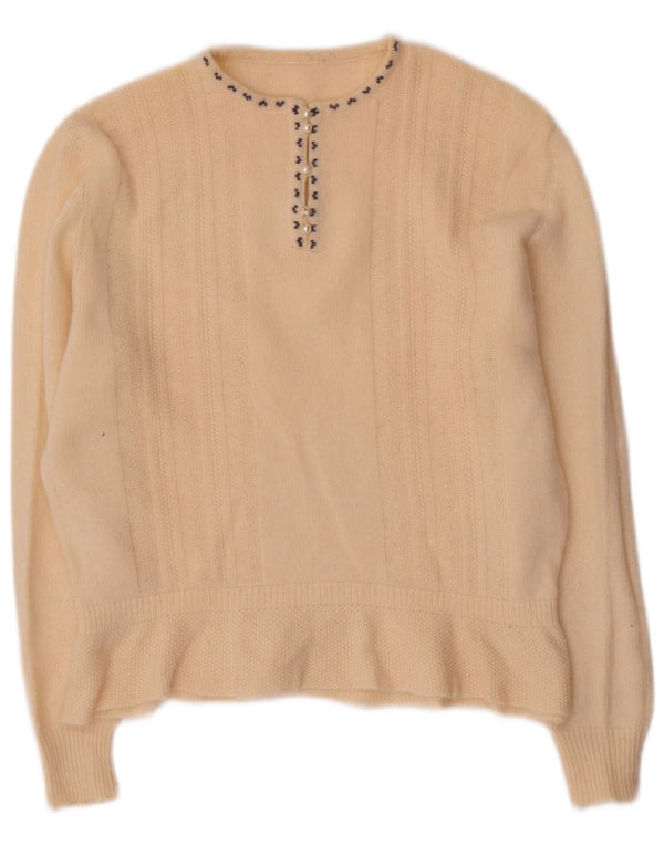 vintage Femme Crew Neck Jumper Pull UK 16 Grande Laine Beige