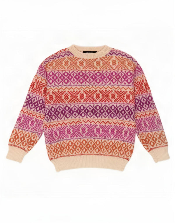 vintage Mens Crew Neck Jumper Pull Petit Multicolore Fair Isle