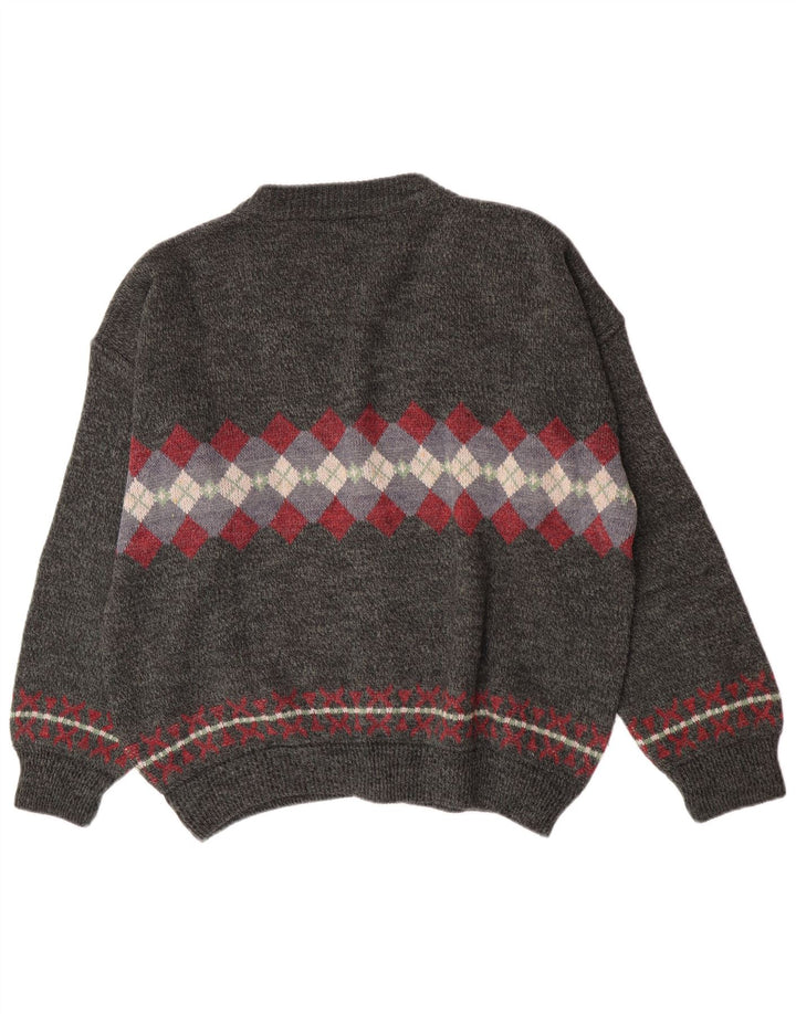 vintage Mens Cardigan Pull XL Gris Argyle/Diamant