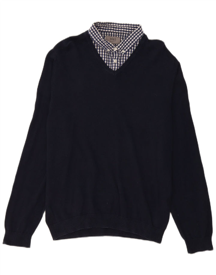 Marks & Spencer Pull à col polo pour homme Grand vichy bleu marine