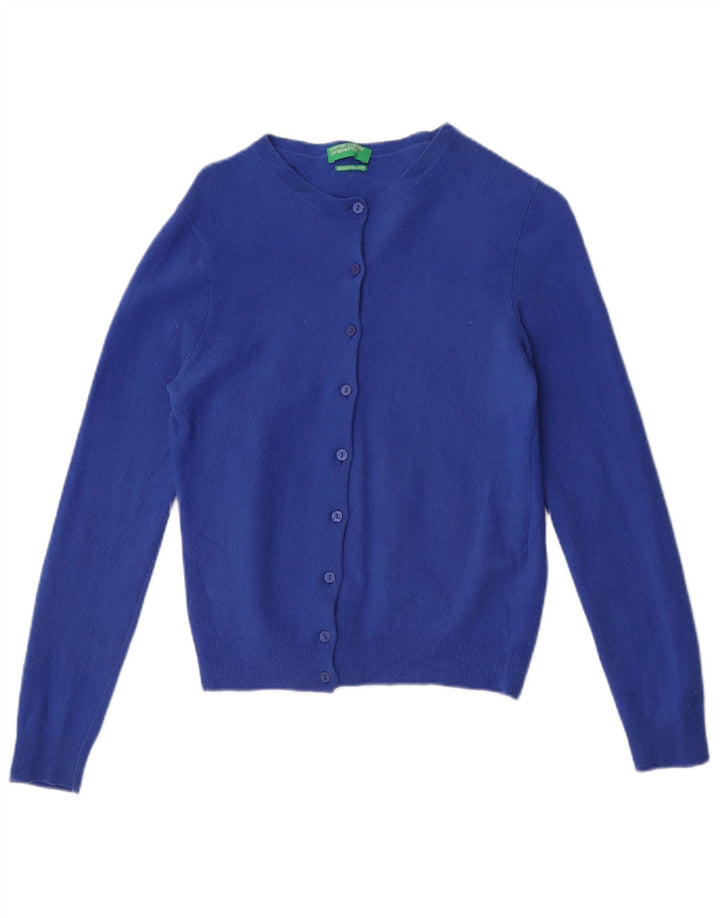 Benetton Femmes Crop Cardigan Pull UK 12 Bleu Moyen Laine Nouvelle
