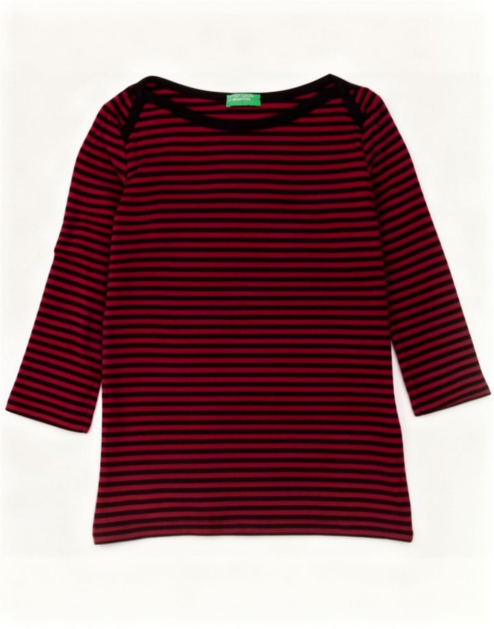 Benetton Haut Femme Manches 3/4 UK 12 Coton Rayé Rouge Moyen