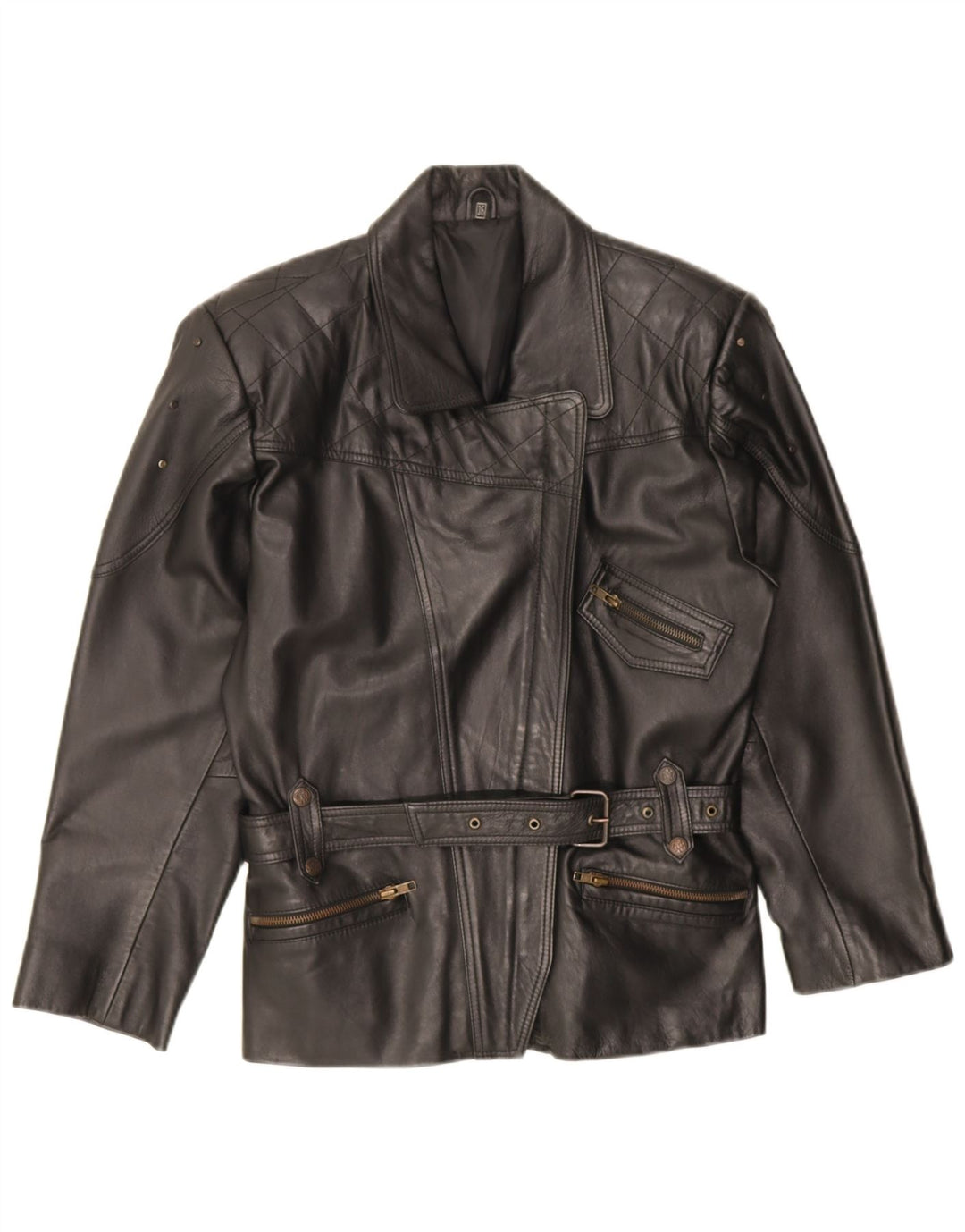 vintage Femme Veste de motard en cuir surdimensionné EU 36 Petit cuir noir