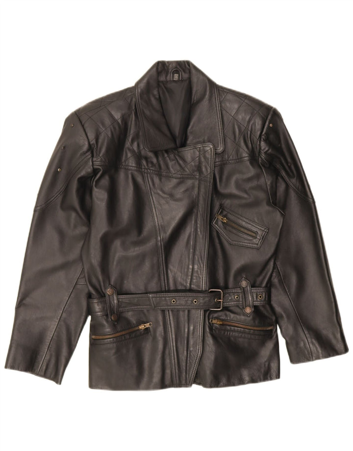 vintage Femme Veste de motard en cuir surdimensionné EU 36 Petit cuir noir