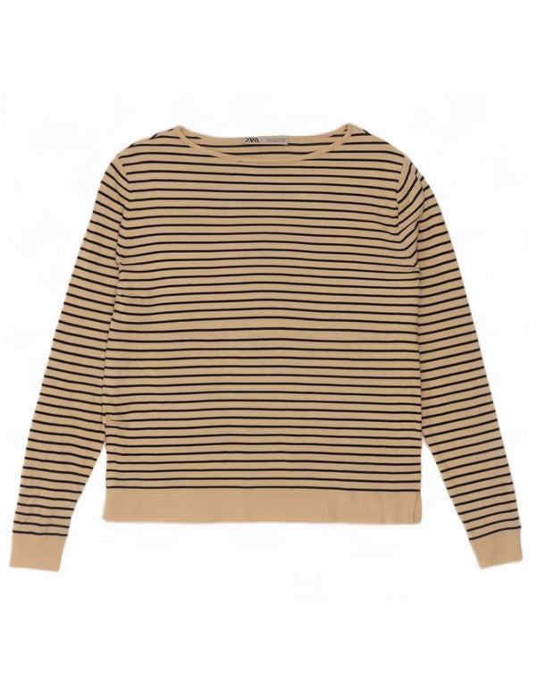 Zara Femme Haut Oversize Manches Longues UK 10 Petit Beige Rayé Nautique