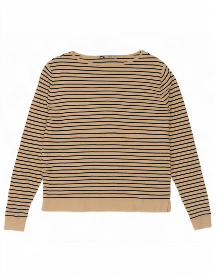 Zara Femme Haut Oversize Manches Longues UK 10 Petit Beige Rayé Nautique